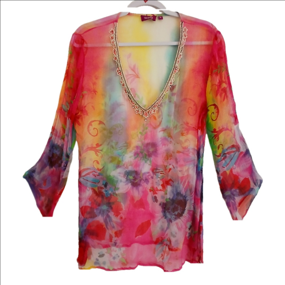 WALLY Floral Sheer BEACH coverup Long Slv Deep V Neck Beaded SZ S